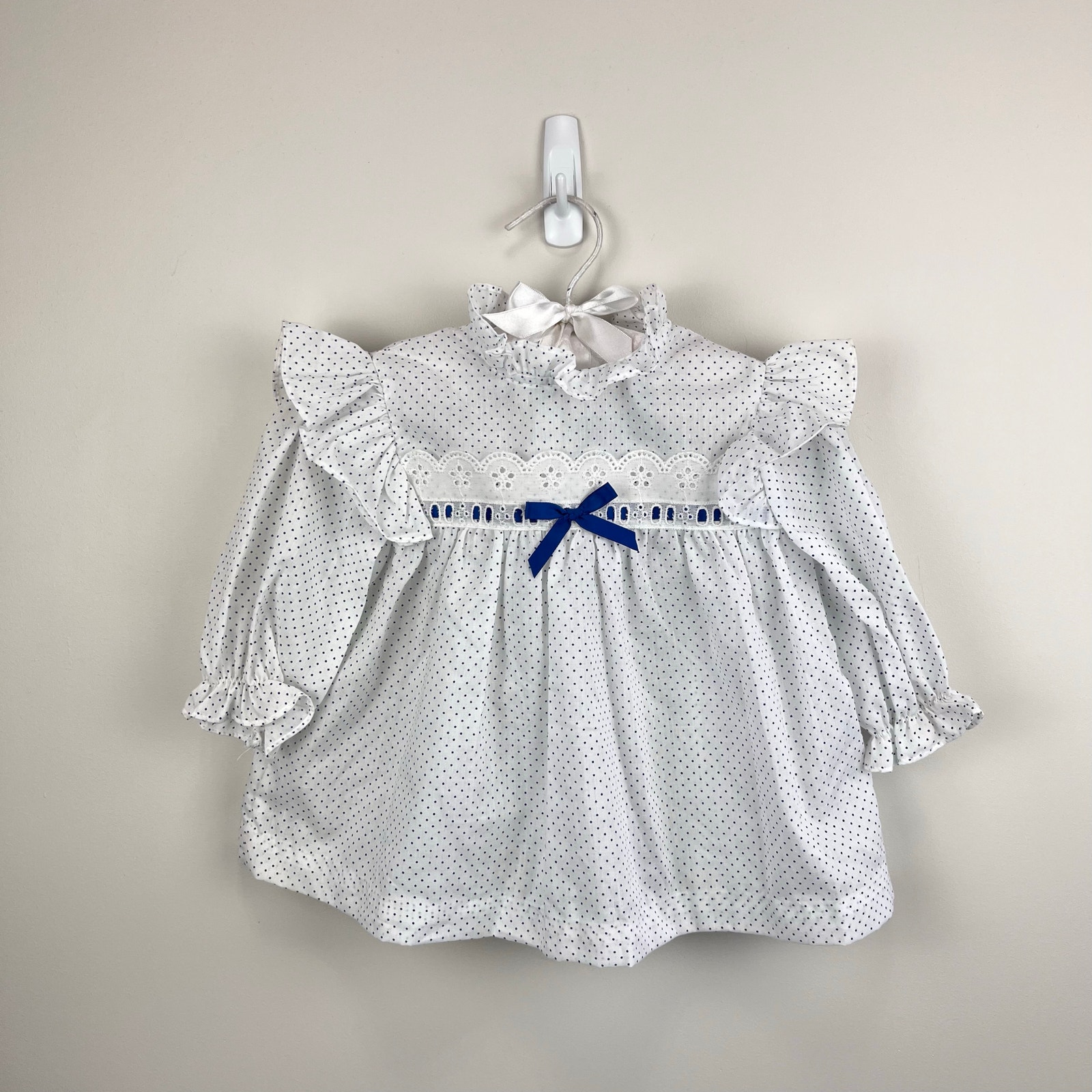 Vintage New York Kids White Navy Polka Dot Lace Bow Dress 3t Usa